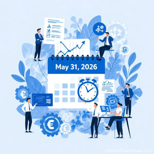 Illustration of a calendar displaying "May 31, 2026," surrounded by business icons, charts, gears, currency symbols, and people in business attire interacting with the elements.